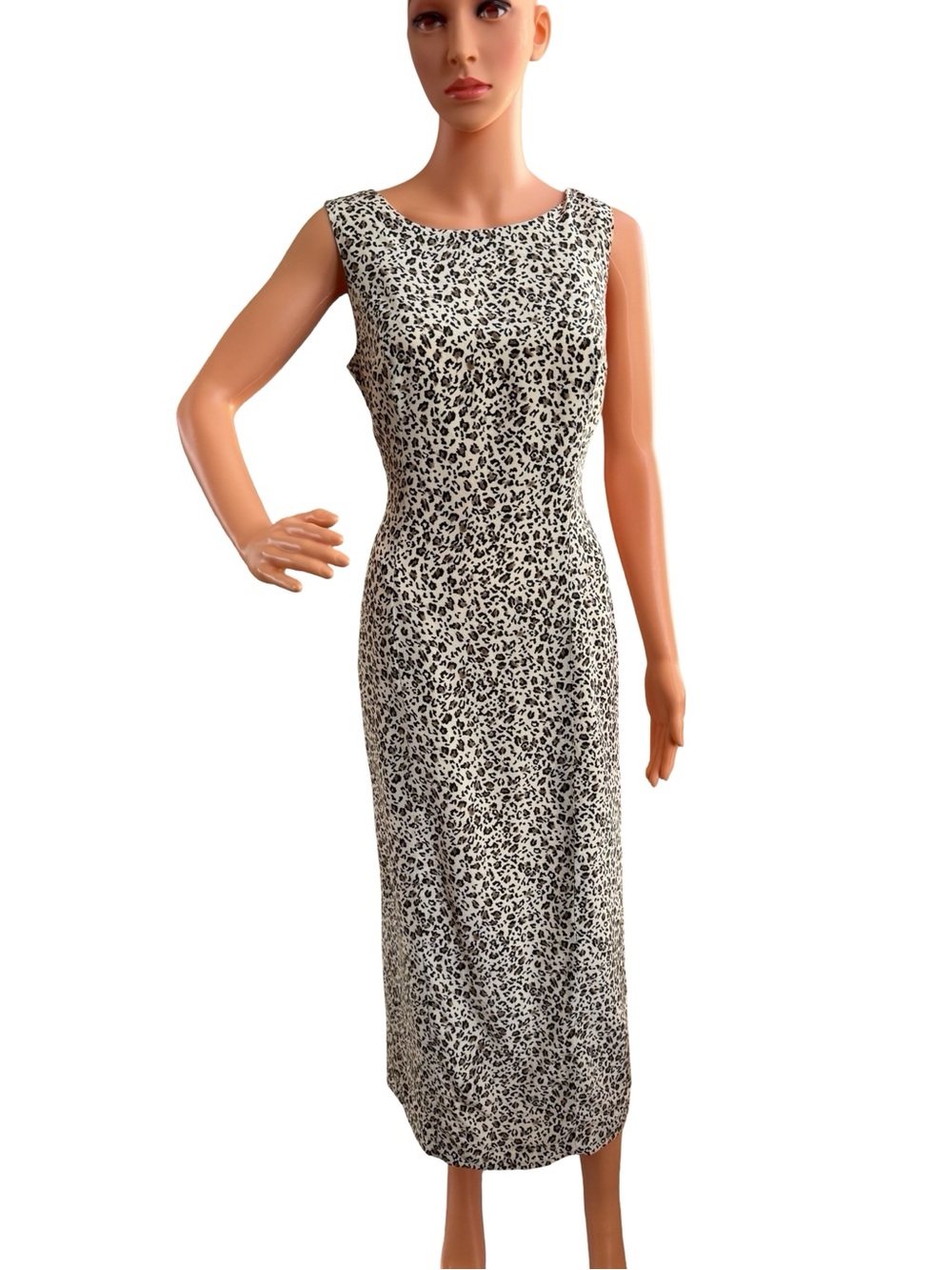 Maggy London Black and White Leopard-Print Sleeveless Midi Dress